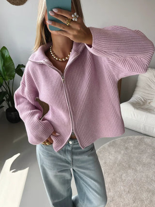 Two-Way Zip Knit Cardigan in Pink — VerolynBoutique