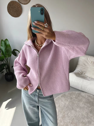 Two-Way Zip Knit Cardigan in Pink — VerolynBoutique
