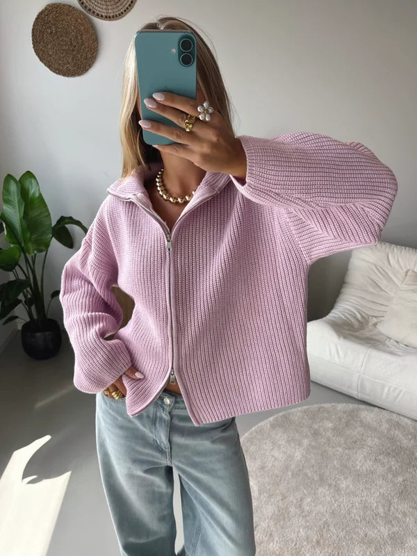 Two-Way Zip Knit Cardigan in Pink — VerolynBoutique