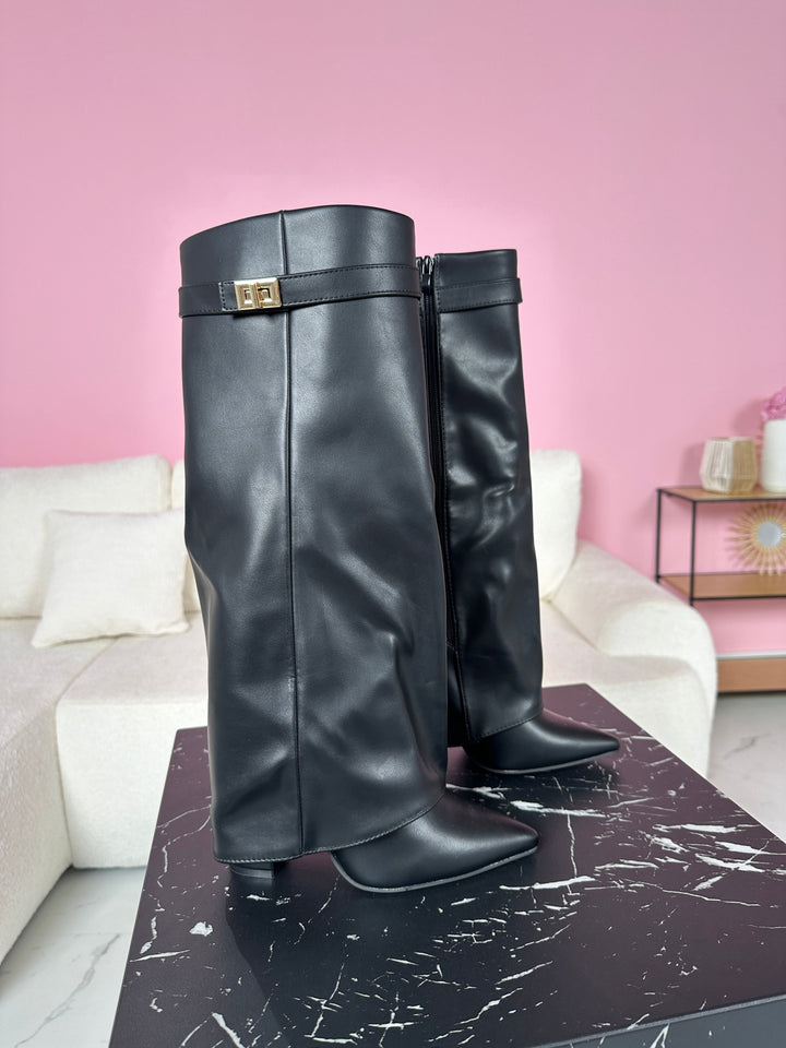 Black Leather Fold-Over Boots in Black — VerolynBoutique