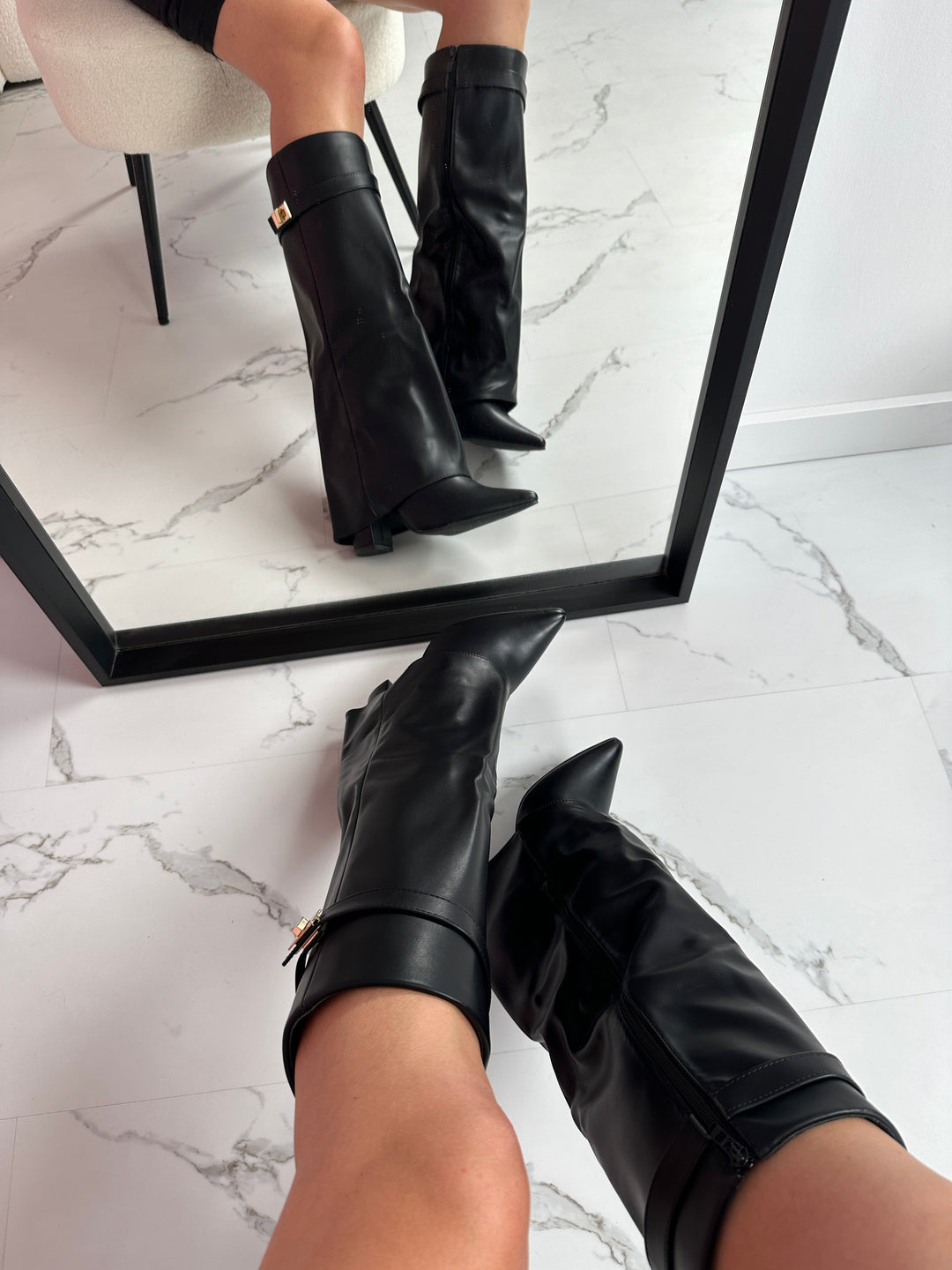 Black Leather Fold-Over Boots in Black — VerolynBoutique