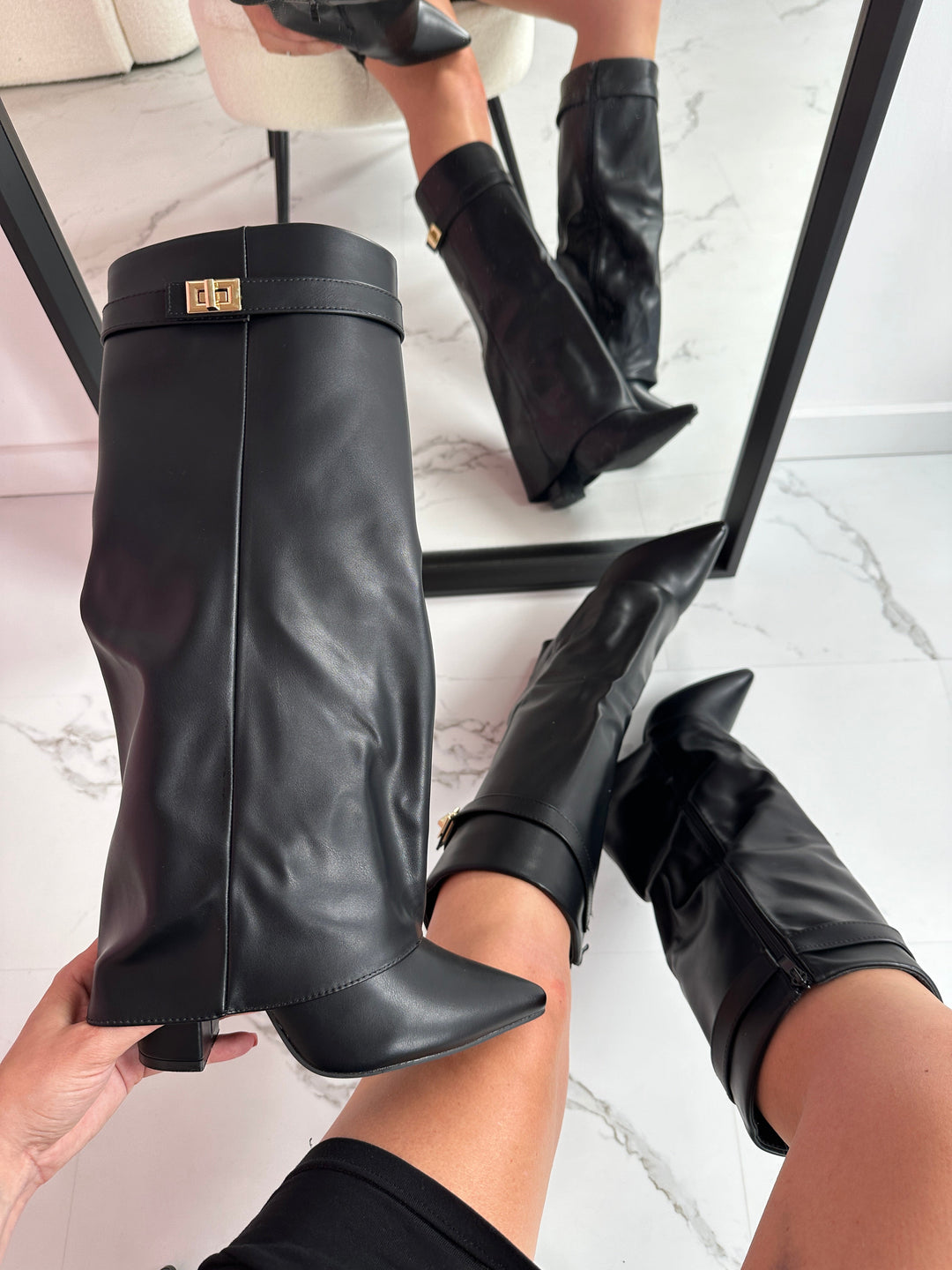 Black Leather Fold-Over Boots in Black — VerolynBoutique