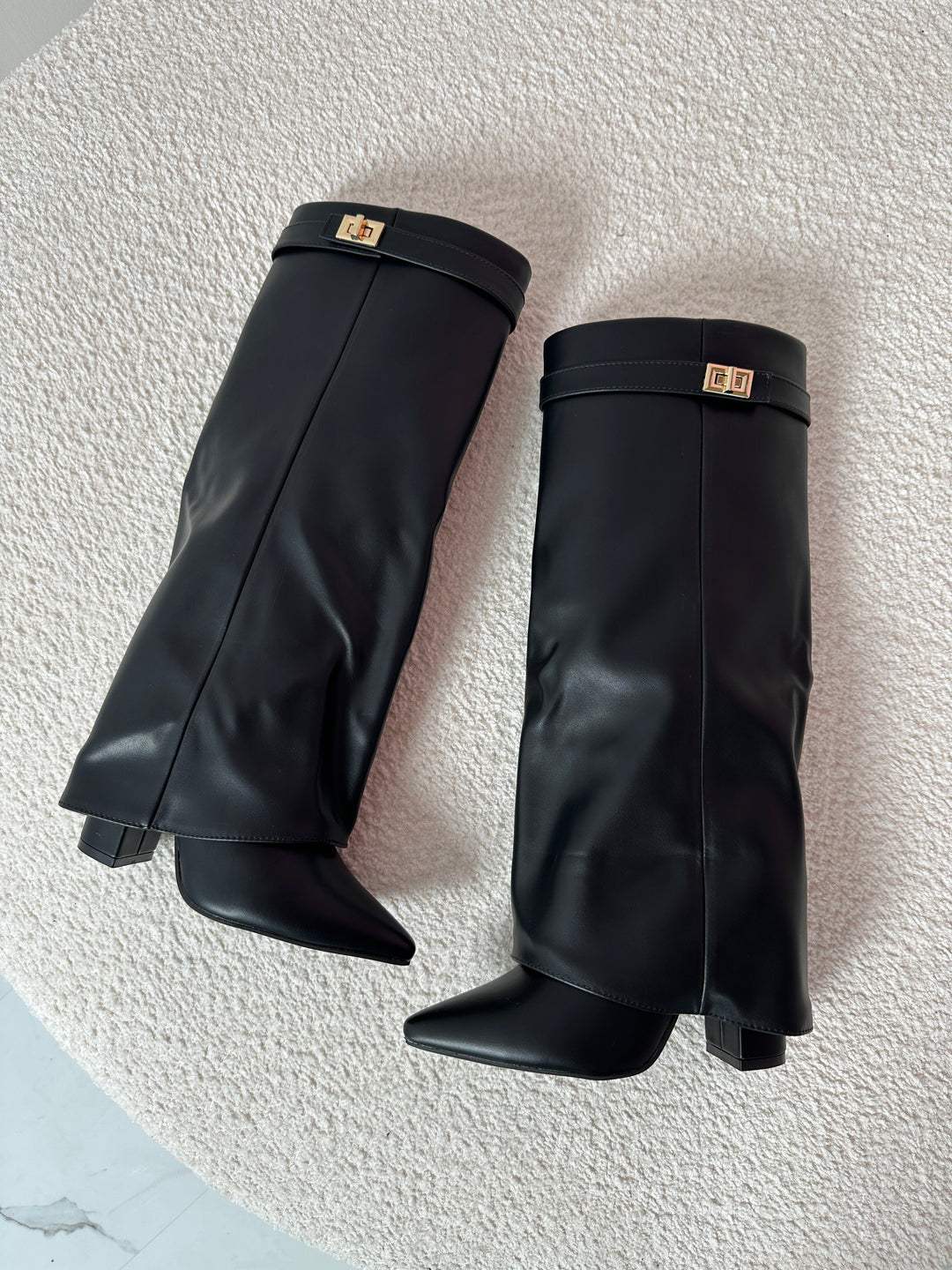 Black Leather Fold-Over Boots in Black — VerolynBoutique