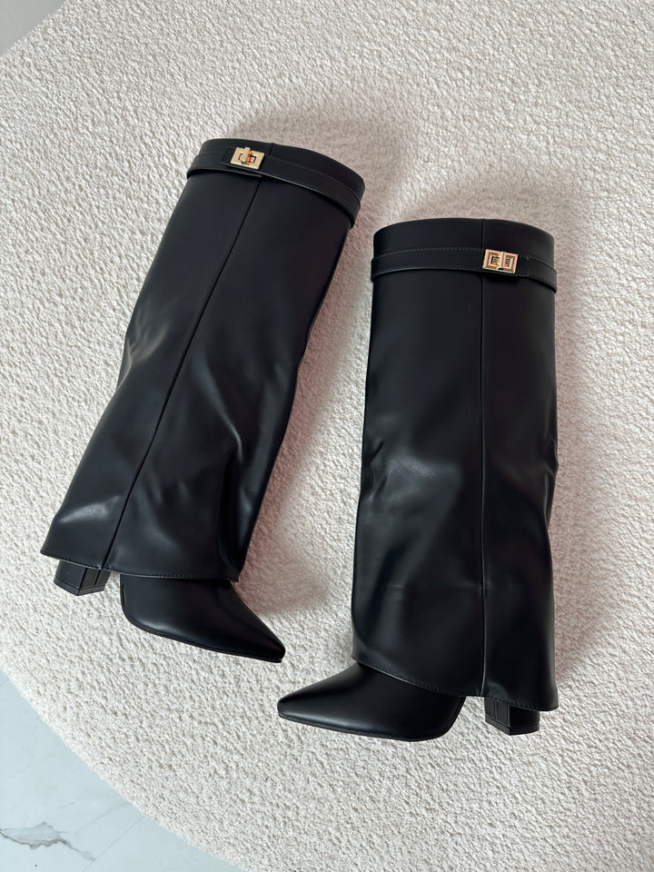 Black Leather Fold-Over Boots in Black — VerolynBoutique