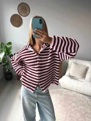 Two-Way Zip Knit Cardigan in Burgundy Stripe — VerolynBoutique