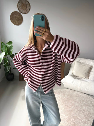 Two-Way Zip Knit Cardigan in Burgundy Stripe — VerolynBoutique