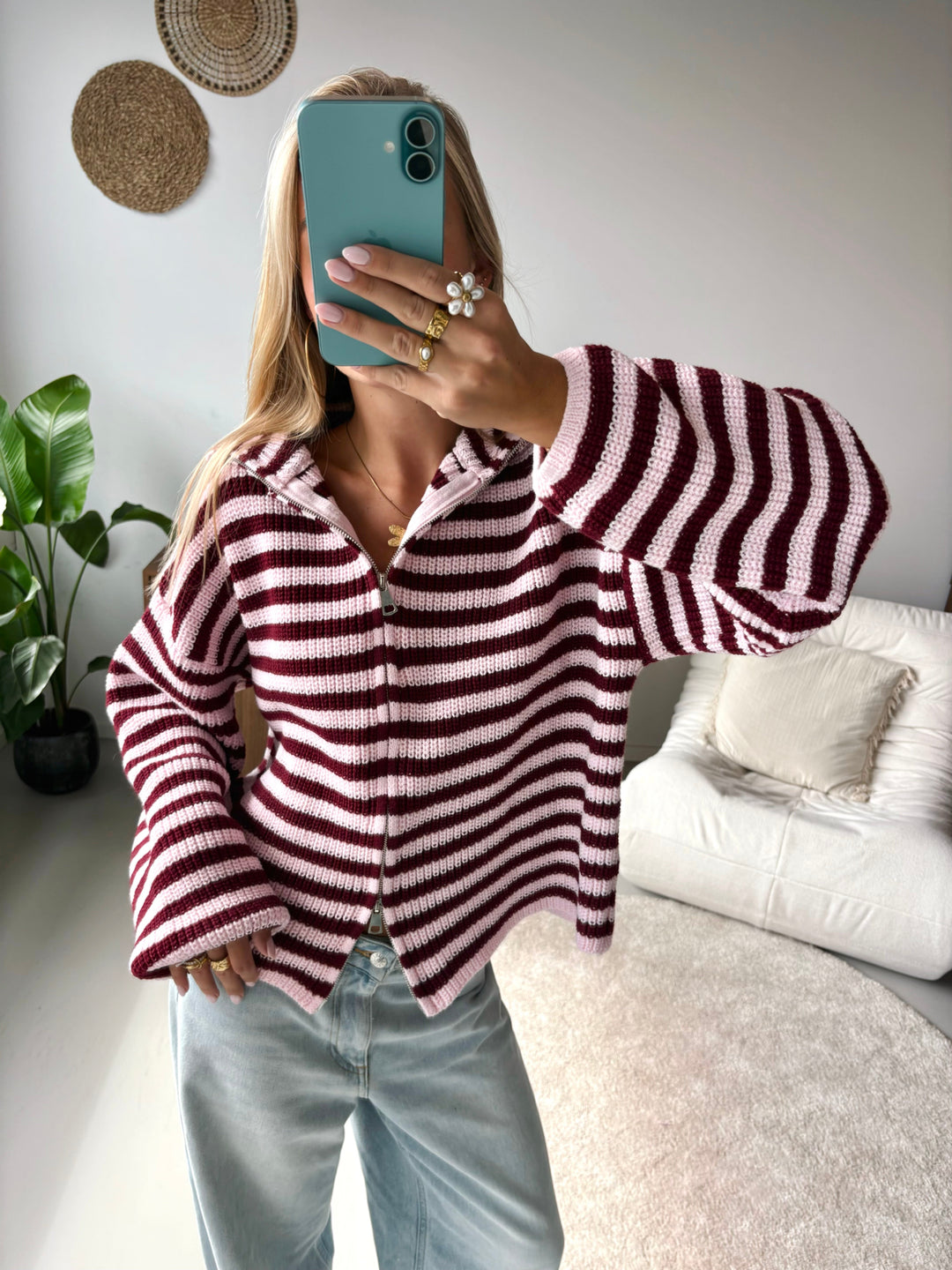 Two-Way Zip Knit Cardigan in Burgundy Stripe — VerolynBoutique