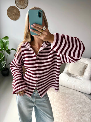 Two-Way Zip Knit Cardigan in Burgundy Stripe — VerolynBoutique