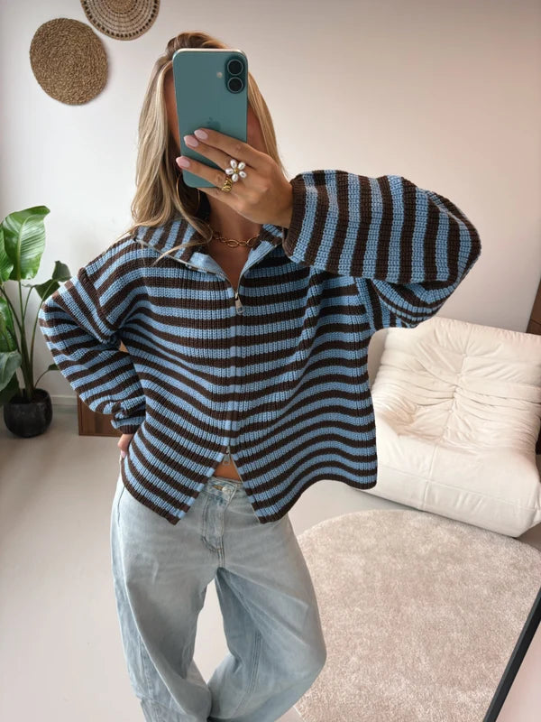 Two-Way Zip Knit Cardigan in Blue Stripe — VerolynBoutique