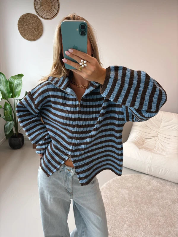 Two-Way Zip Knit Cardigan in Blue Stripe — VerolynBoutique