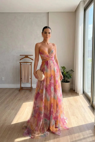 Cut-Out Waist Floral Maxi Dress in Orange — VerolynBoutique