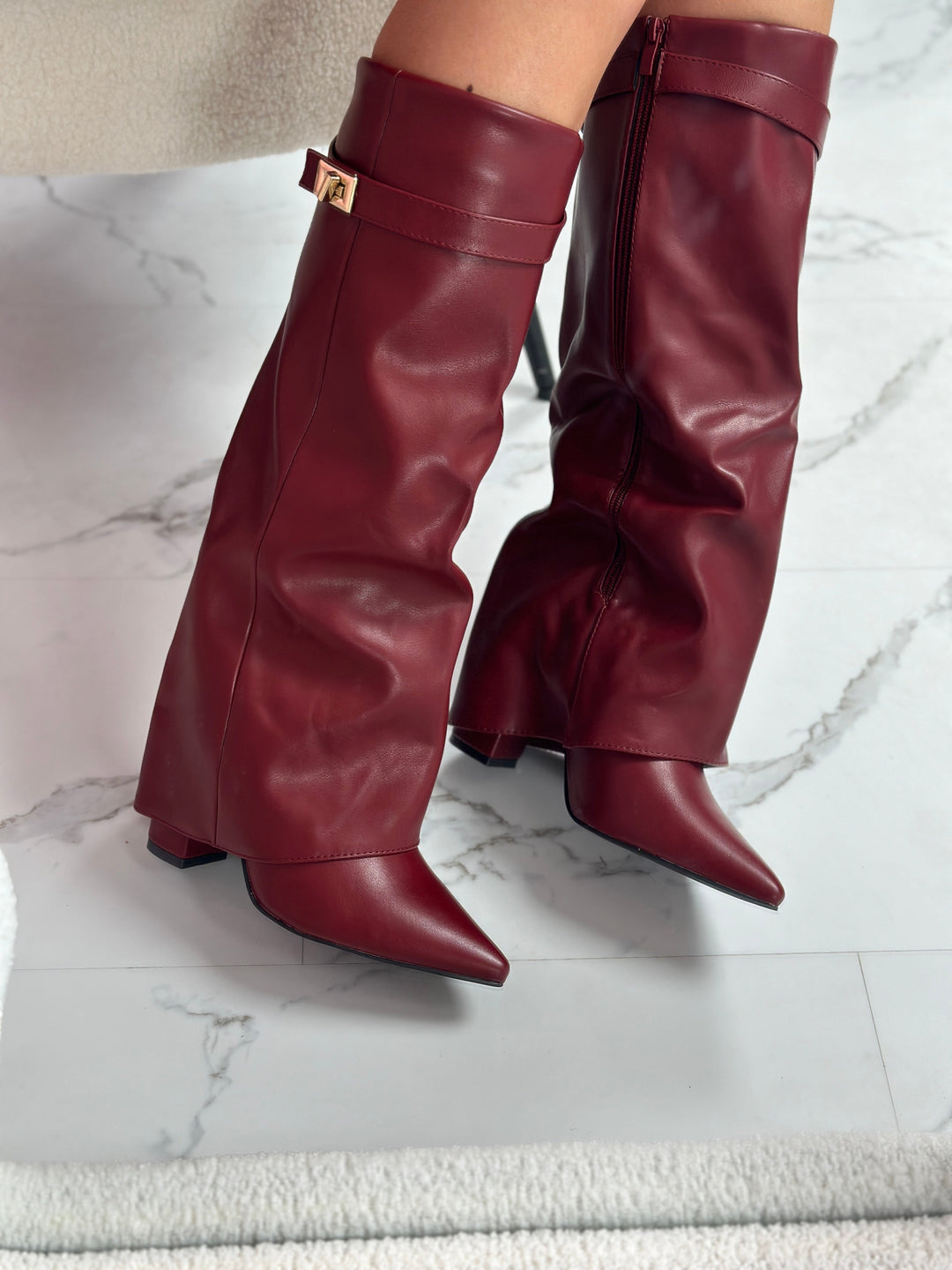 Burgundy Leather Fold-Over Boots in Burgundy — VerolynBoutique