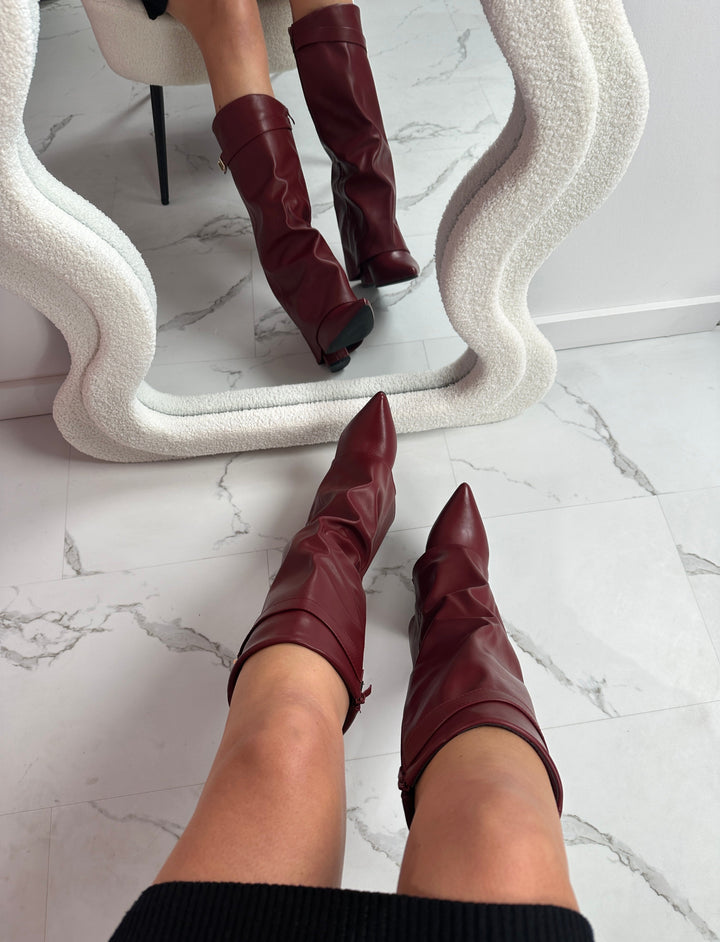 Burgundy Leather Fold-Over Boots in Burgundy — VerolynBoutique