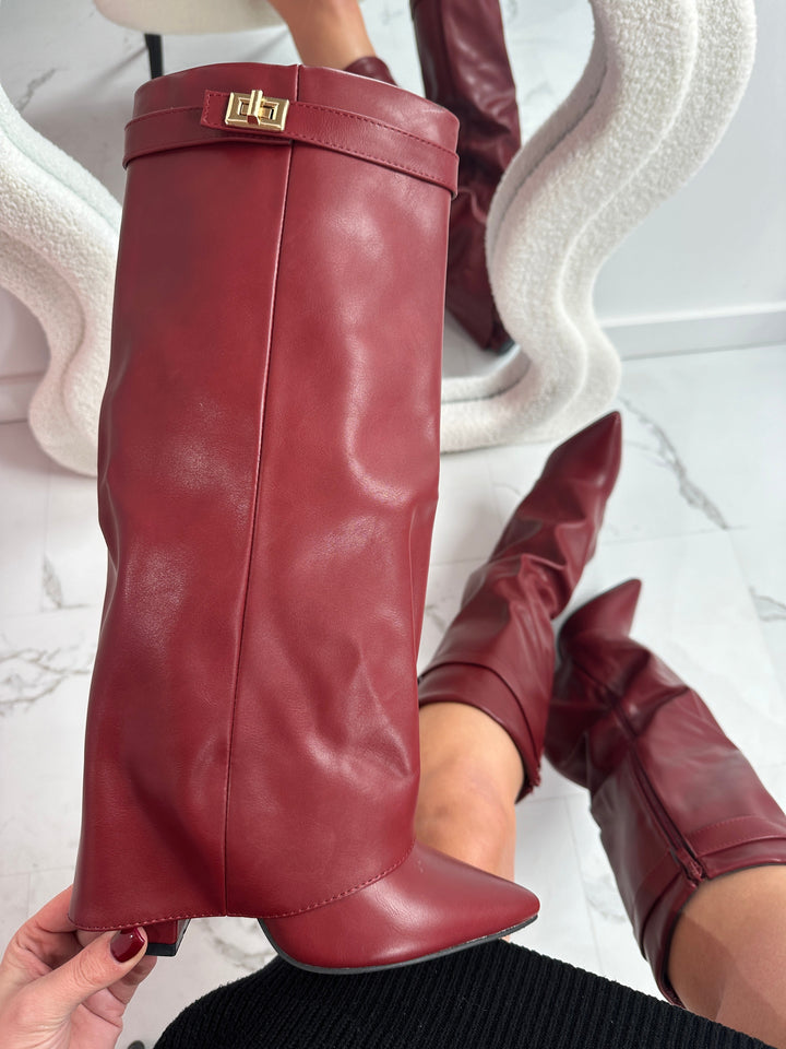 Burgundy Leather Fold-Over Boots in Burgundy — VerolynBoutique
