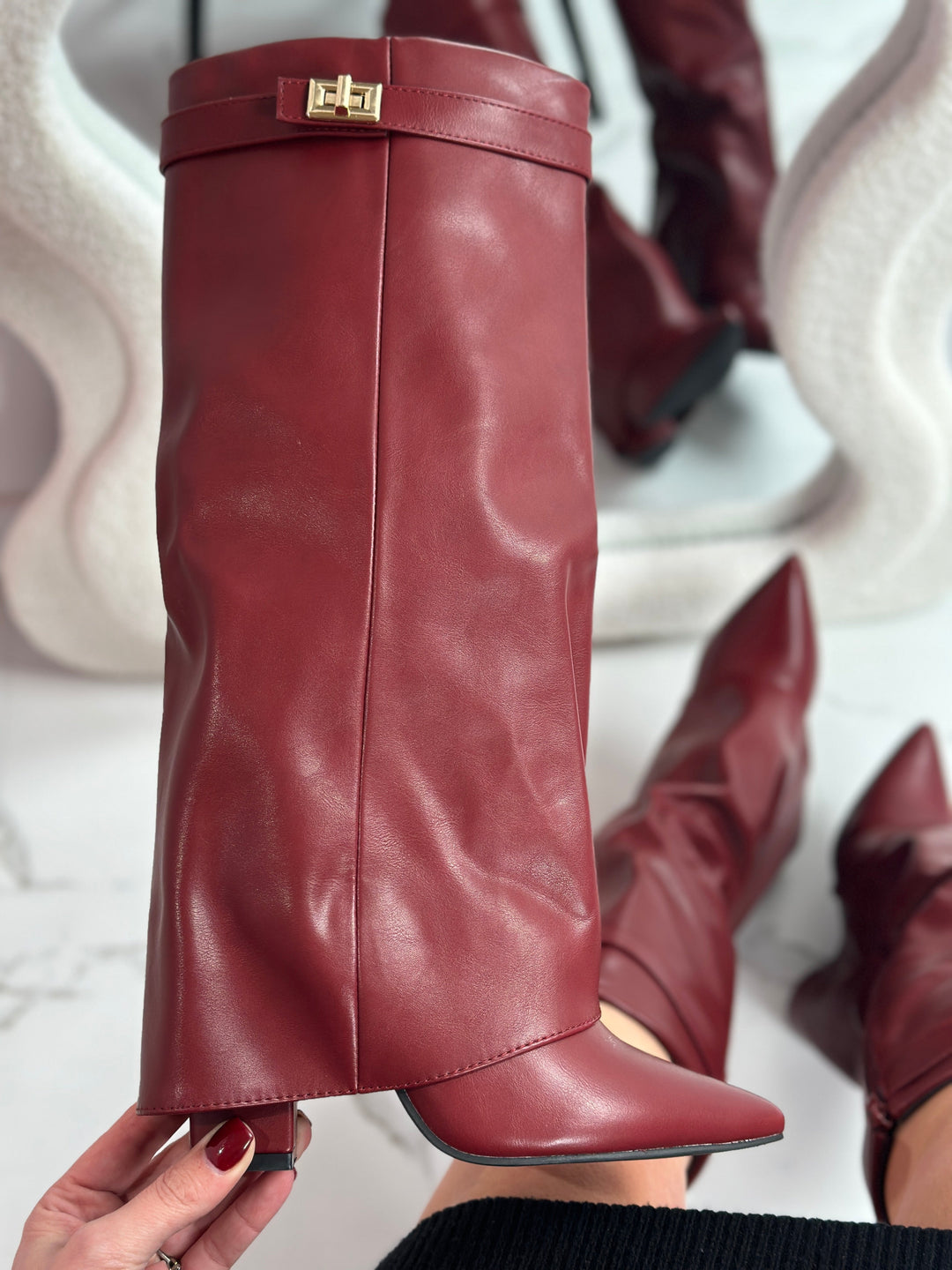 Burgundy Leather Fold-Over Boots in Burgundy — VerolynBoutique
