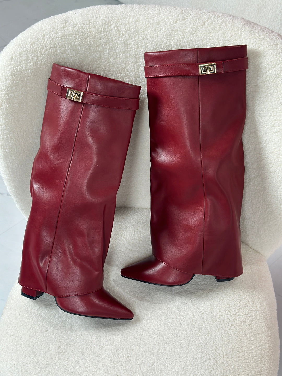 Burgundy Leather Fold-Over Boots in Burgundy — VerolynBoutique