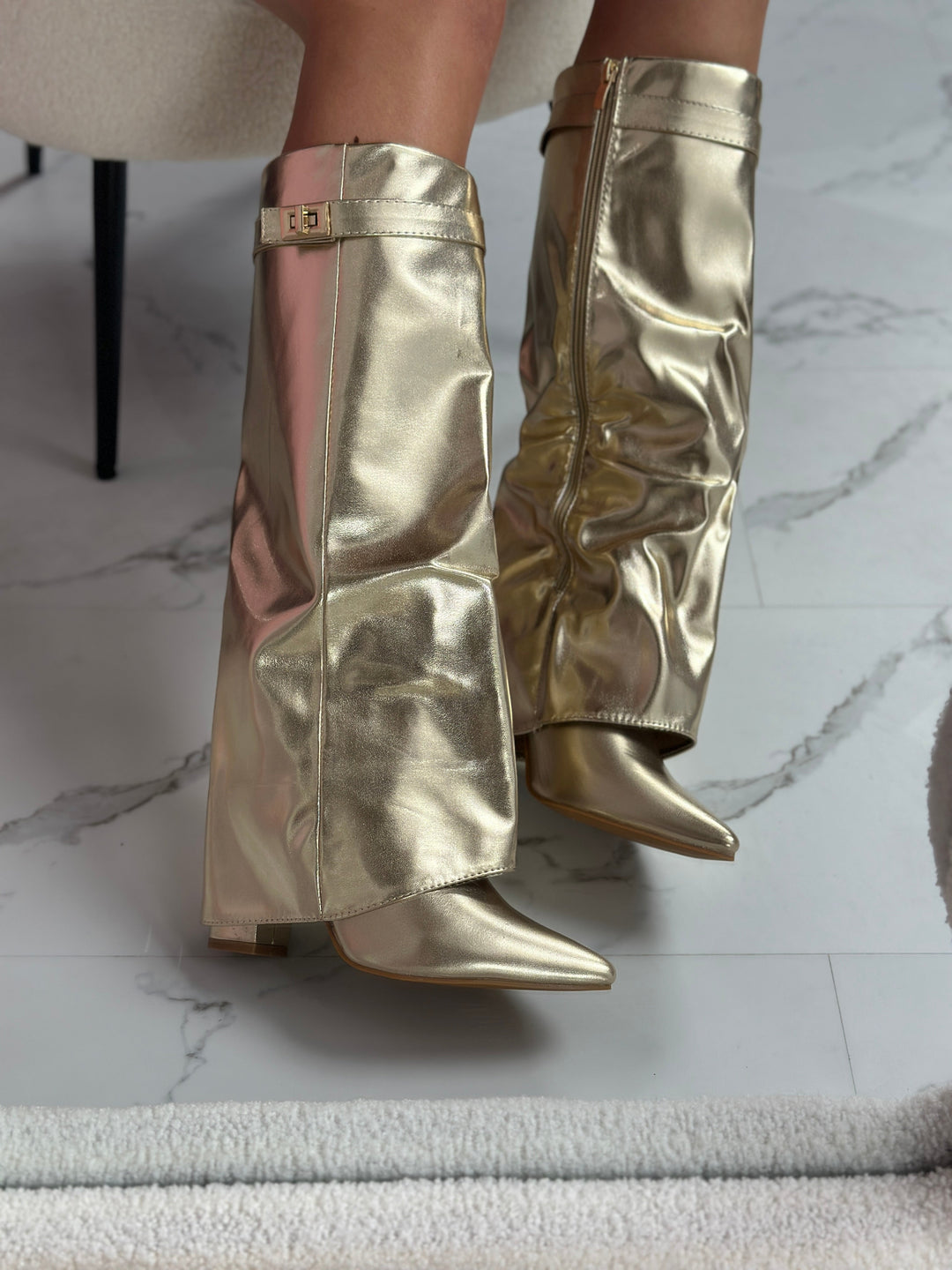 Gold Leather Fold-Over Boots in Gold — VerolynBoutique