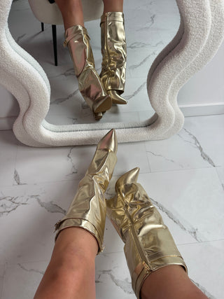 Gold Leather Fold-Over Boots in Gold — VerolynBoutique