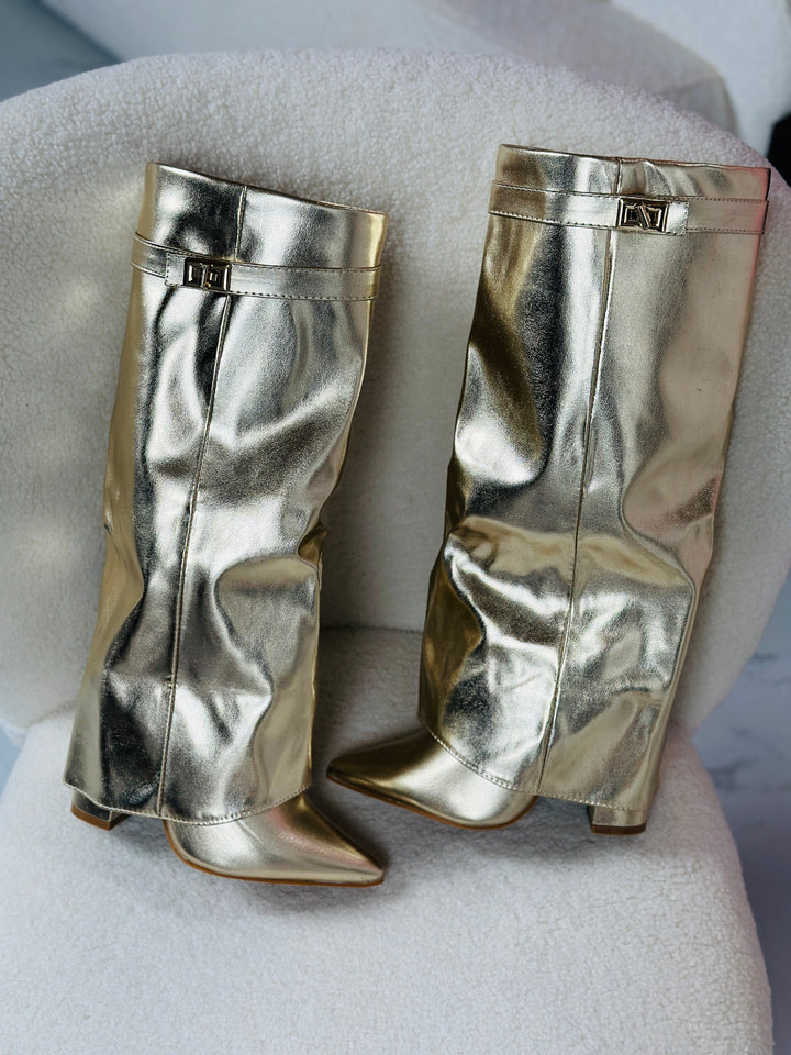 Gold Leather Fold-Over Boots in Gold — VerolynBoutique
