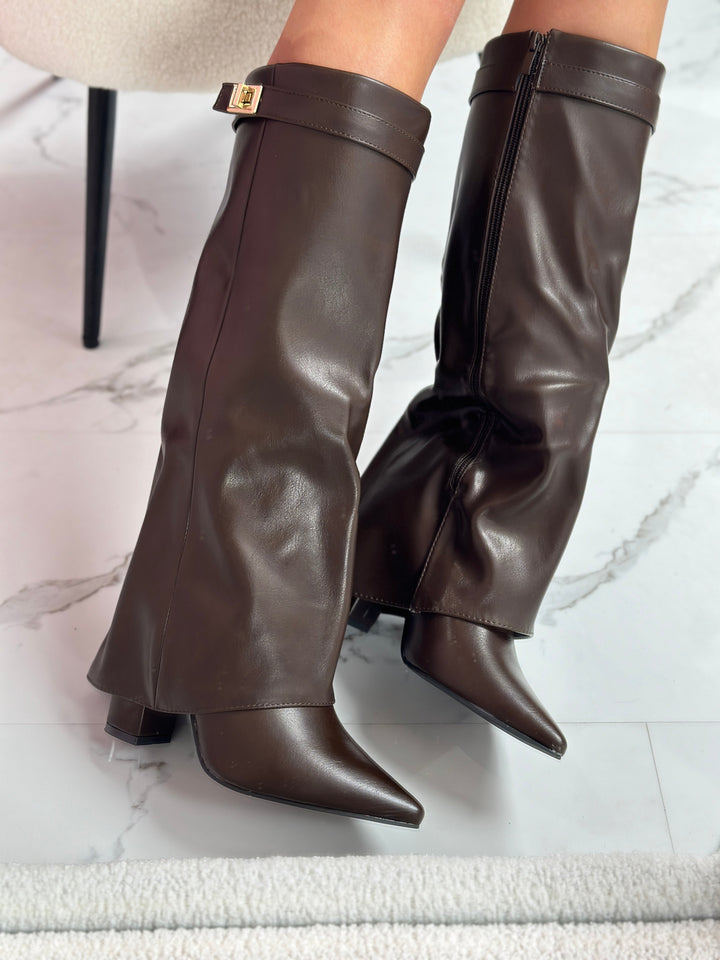 Brown Leather Fold-Over Boots in Brown — VerolynBoutique
