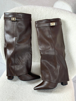 Brown Leather Fold-Over Boots in Brown — VerolynBoutique