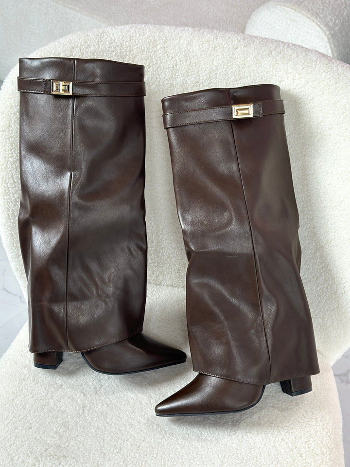 Brown Leather Fold-Over Boots in Brown — VerolynBoutique
