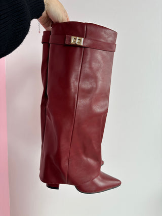 Burgundy Leather Fold-Over Boots in Burgundy — VerolynBoutique