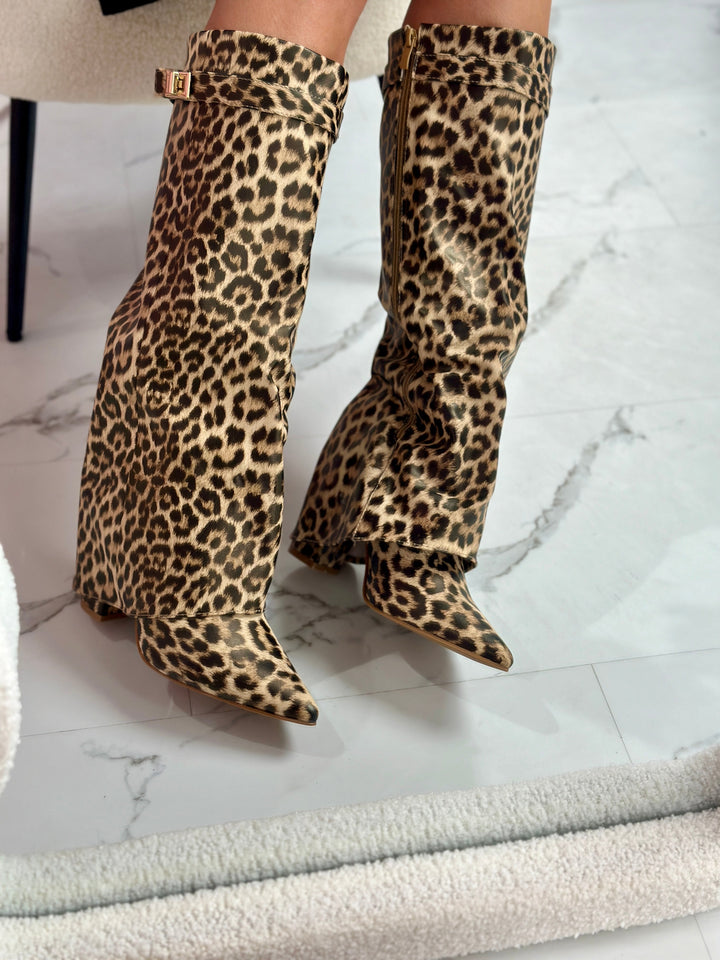 Leopard Leather Fold-Over Boots in Brown Leopard — VerolynBoutique