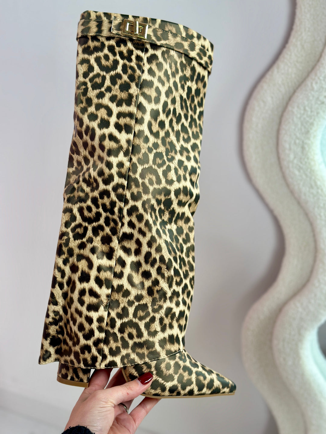 Leopard Leather Fold-Over Boots in Brown Leopard — VerolynBoutique