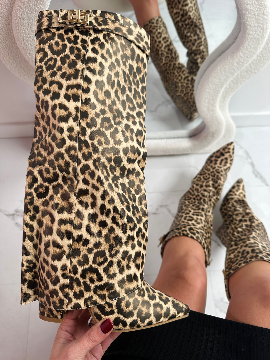 Leopard Leather Fold-Over Boots in Brown Leopard — VerolynBoutique