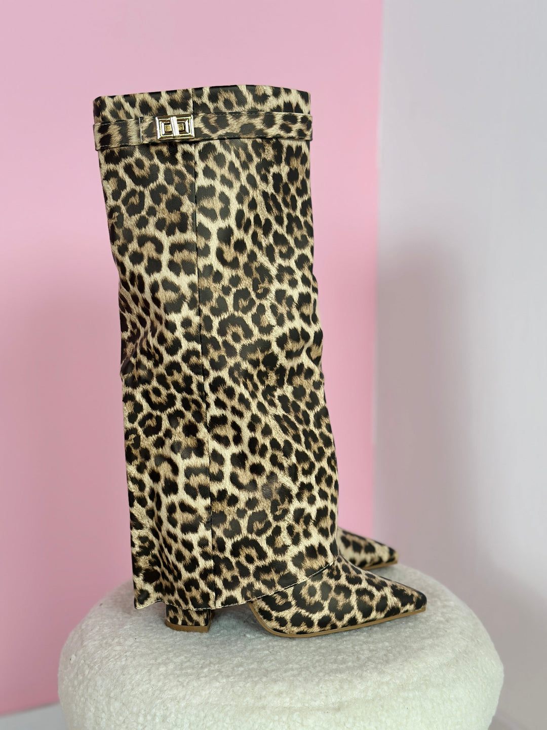 Leopard Leather Fold-Over Boots in Brown Leopard — VerolynBoutique