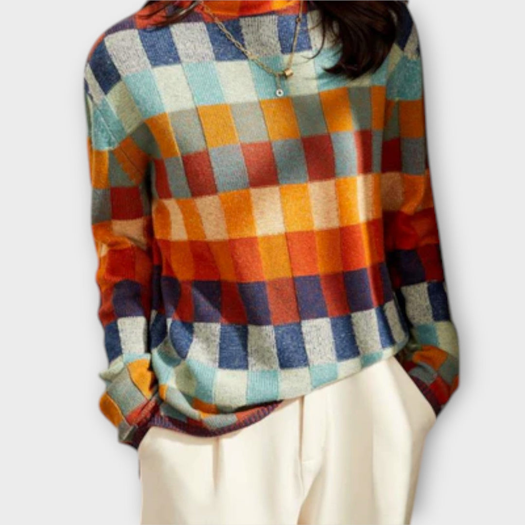 Patchwork Check Turtleneck Jumper in Multicolour — VerolynBoutique