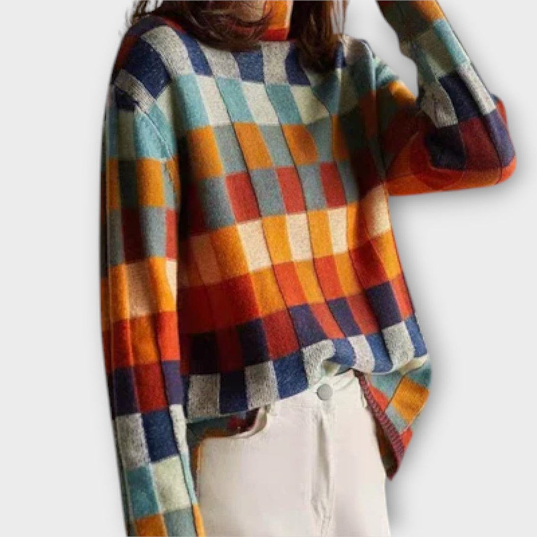 Patchwork Check Turtleneck Jumper in Multicolour — VerolynBoutique