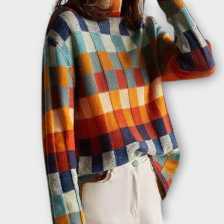 Patchwork Check Turtleneck Jumper in Multicolour — VerolynBoutique