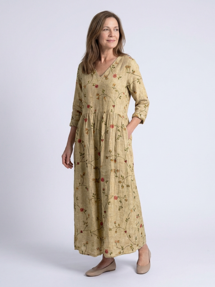 Three-Quarter Sleeve Floral Maxi Dress in Yellow — VerolynBoutique