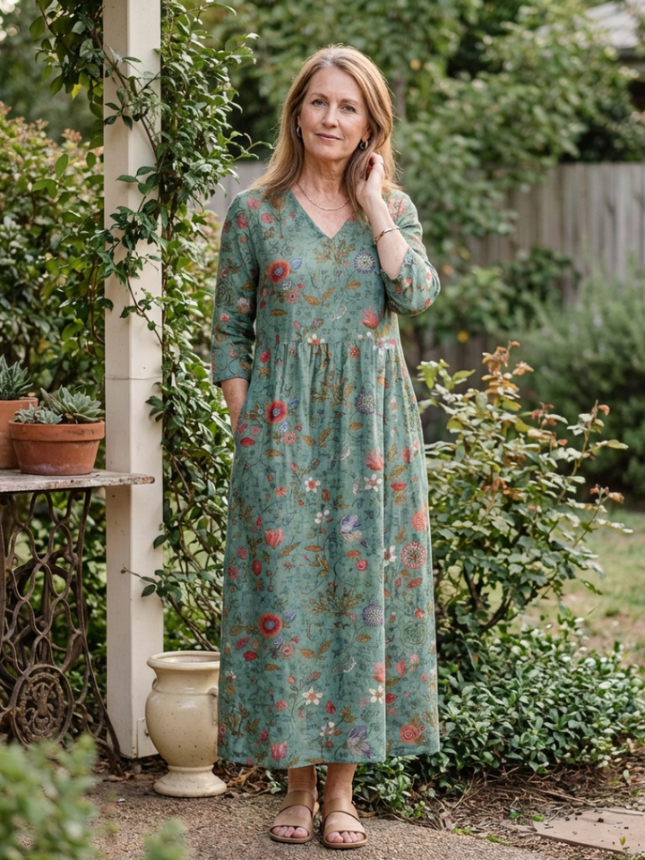 Three-Quarter Sleeve Floral Maxi Dress in Green — VerolynBoutique