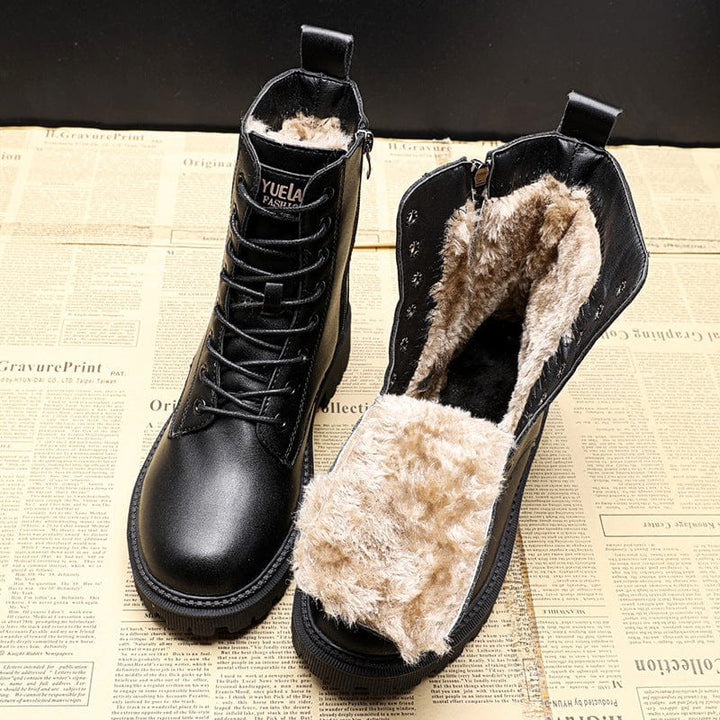 Fur-Lined Lace-Up Combat Boots in Black — VerolynBoutique