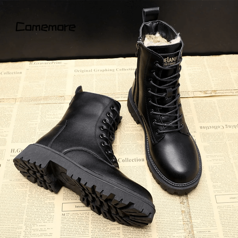 Fur-Lined Lace-Up Combat Boots in Black — VerolynBoutique