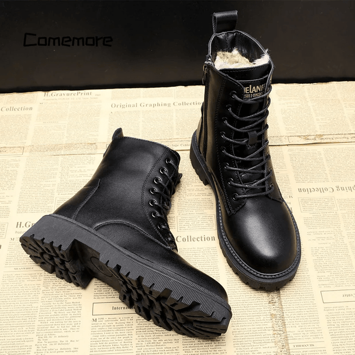 Fur-Lined Lace-Up Combat Boots in Black — VerolynBoutique