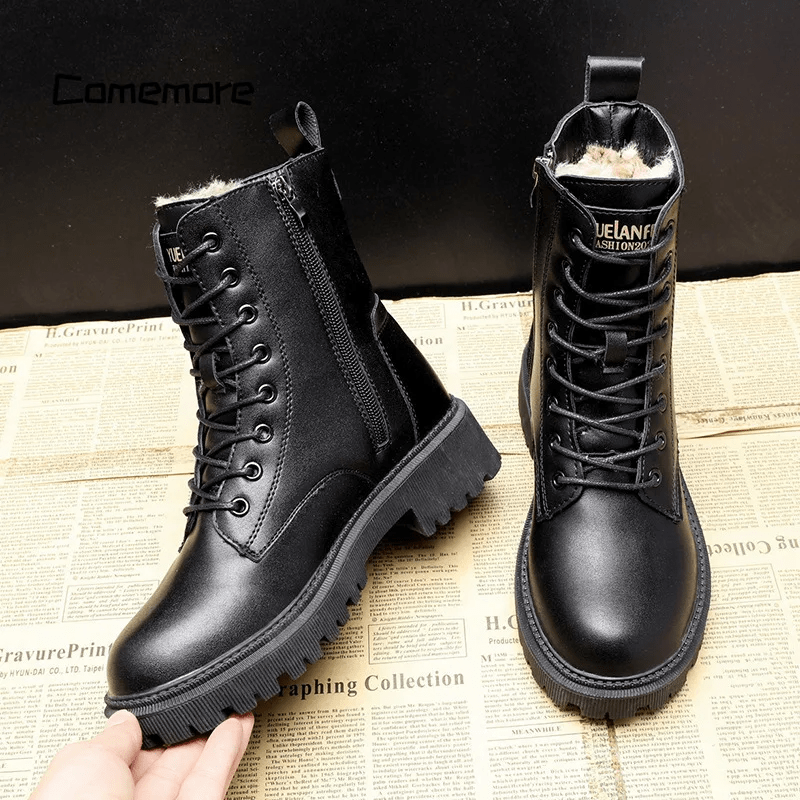 Fur-Lined Lace-Up Combat Boots in Black — VerolynBoutique