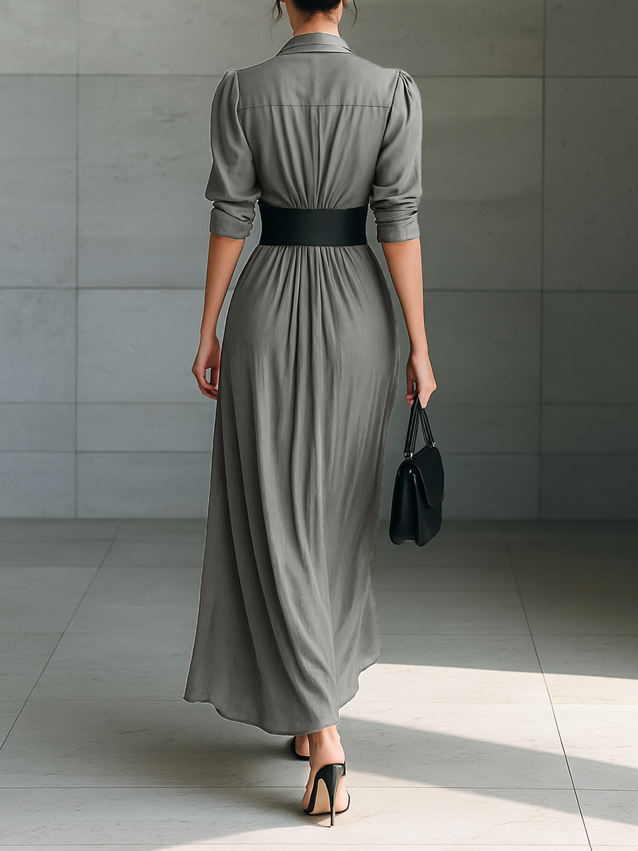 Pleated Maxi Shirt Dress in Grey — VerolynBoutique