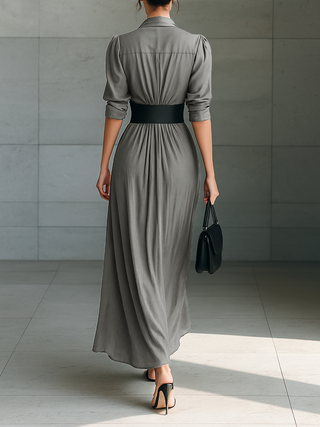 Pleated Maxi Shirt Dress in Grey — VerolynBoutique
