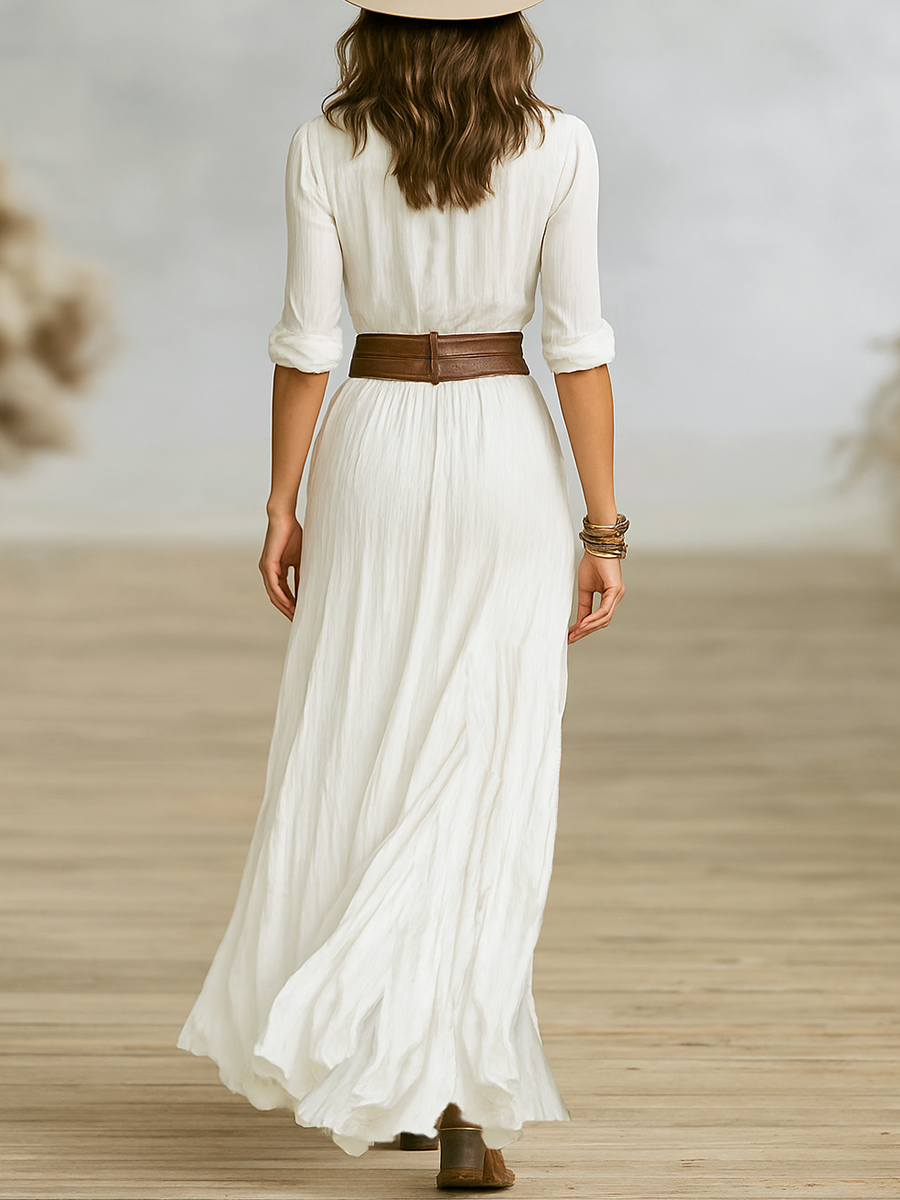 Cotton Linen Maxi Shirt Dress in White — VerolynBoutique