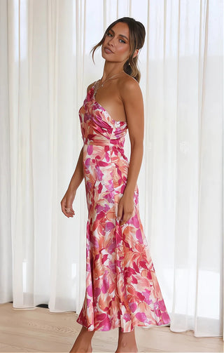 Floral One-Shoulder Satin Gown in Pink — VerolynBoutique