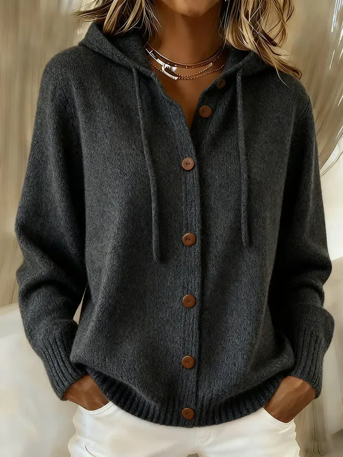 Verolyn drawstring hooded button cardigan in black