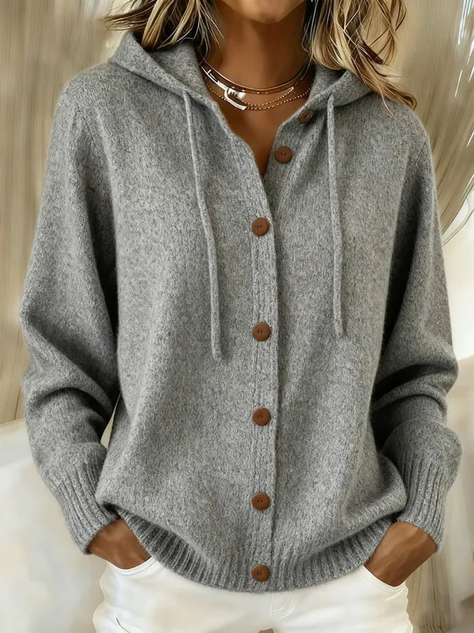 Verolyn drawstring hooded button cardigan in grey