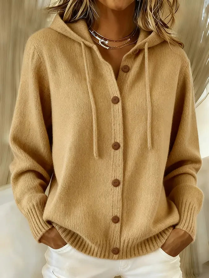 Verolyn drawstring hooded button cardigan in khaki