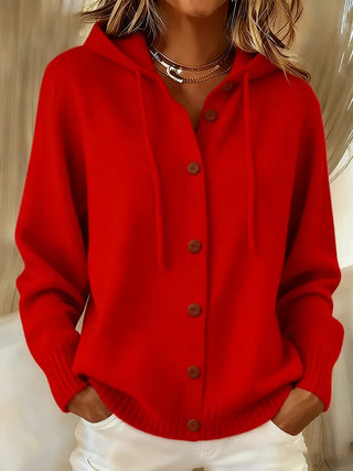 Verolyn drawstring hooded button cardigan in red