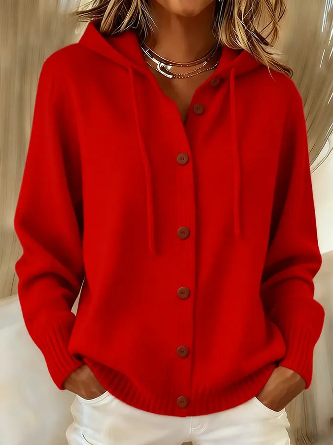 Verolyn drawstring hooded button cardigan in red