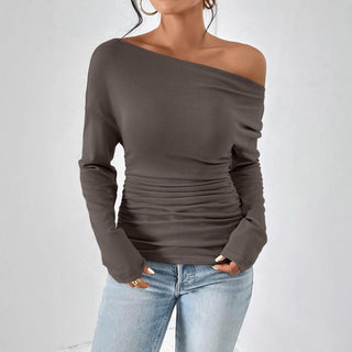 Asymmetric Shoulder Long Sleeve Top in Charcoal — VerolynBoutique